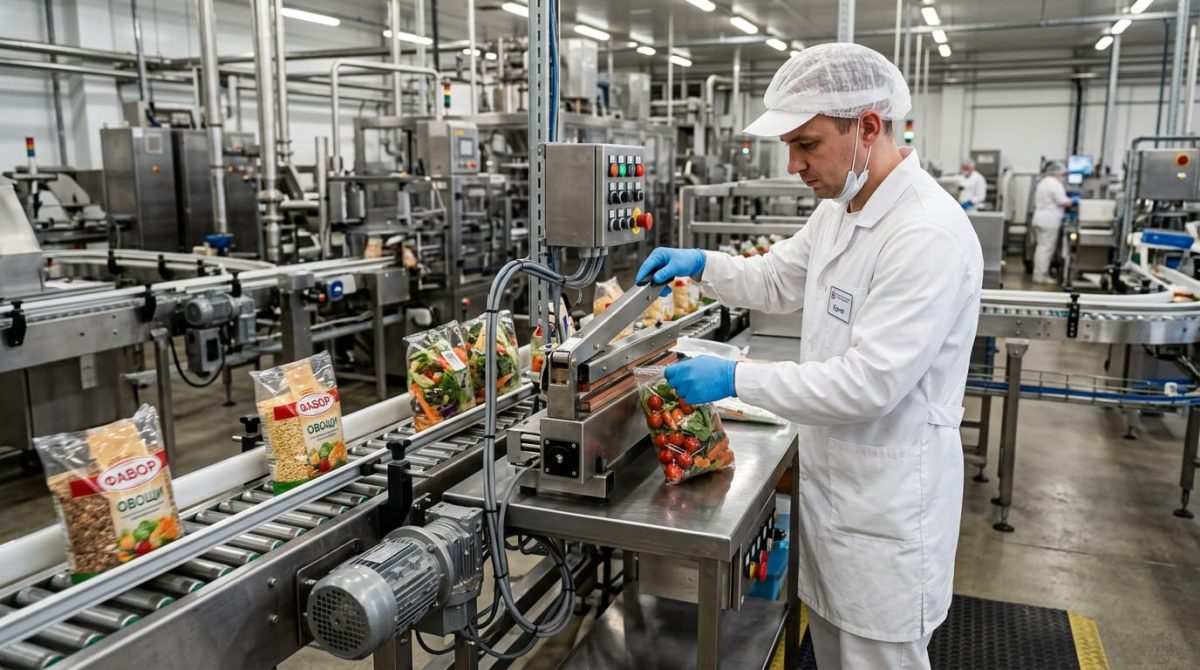 Фасовщик упаковывает продукты на автоматизированном конвейере пищевой фабрики
