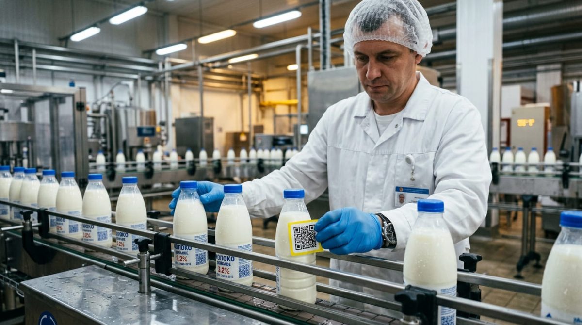 Стикеровщик маркировщик наклеивает этикетки с Data Matrix кодами на продукцию на конвейере пищевого завода